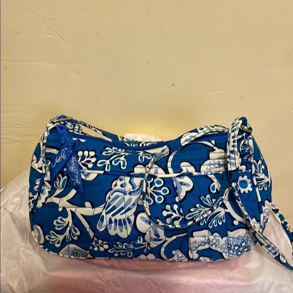 Vera Bradley Blue and White Quilted Shoulder Bag with Floral Paisley Design